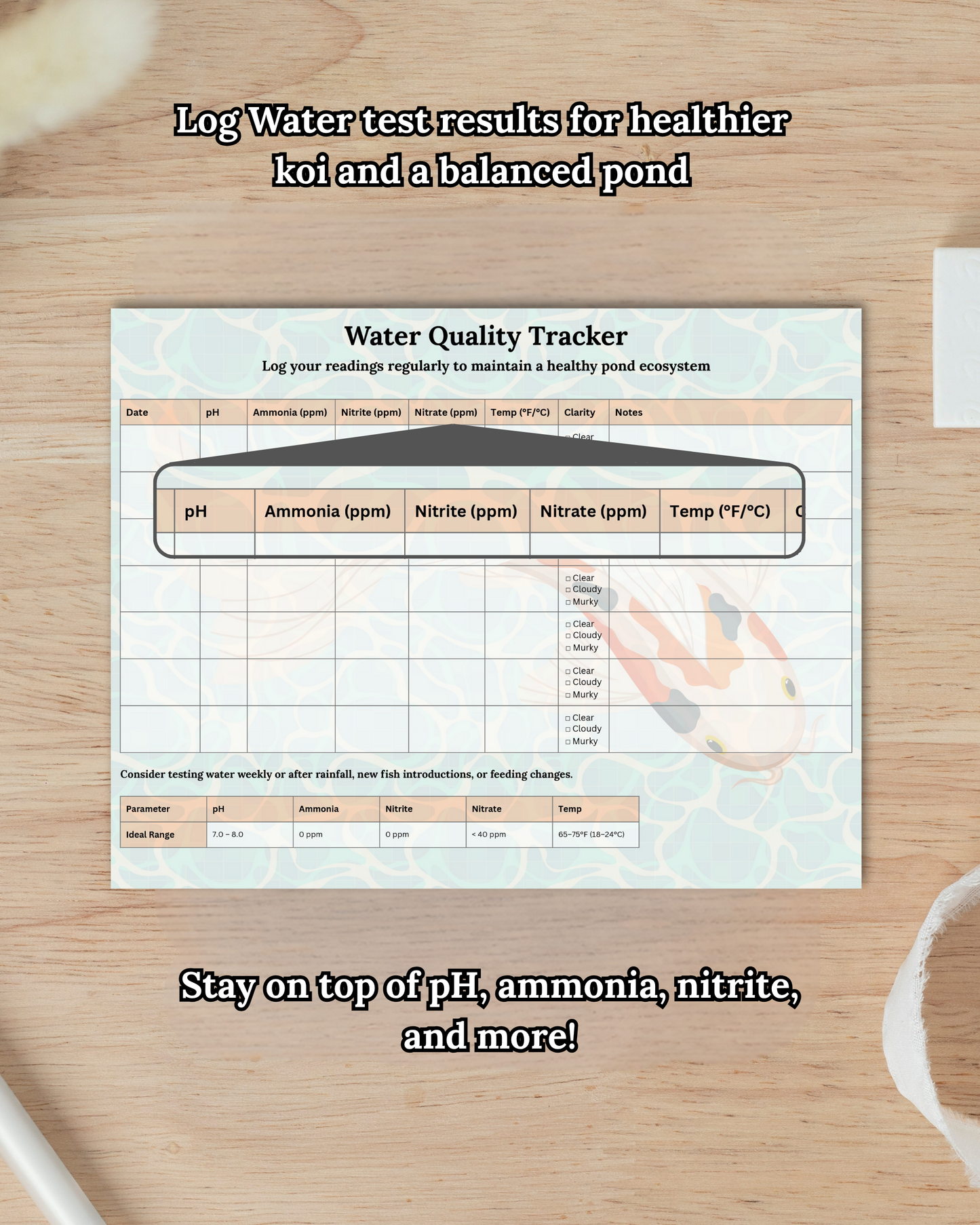 Zenkoiro Koi Pond Care Planner — Printable PDF