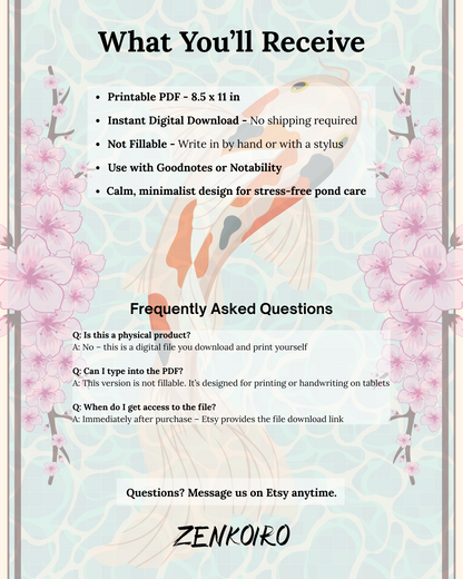 Zenkoiro Koi Pond Care Planner — Printable PDF